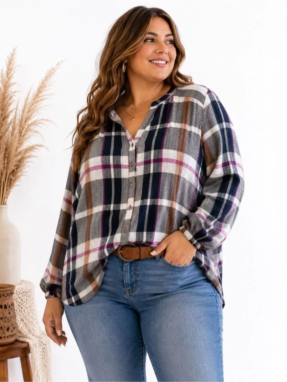 Mason & Belle XXL Plaid Waffle Knit Textured Button Front Long Sleeve Boho Top